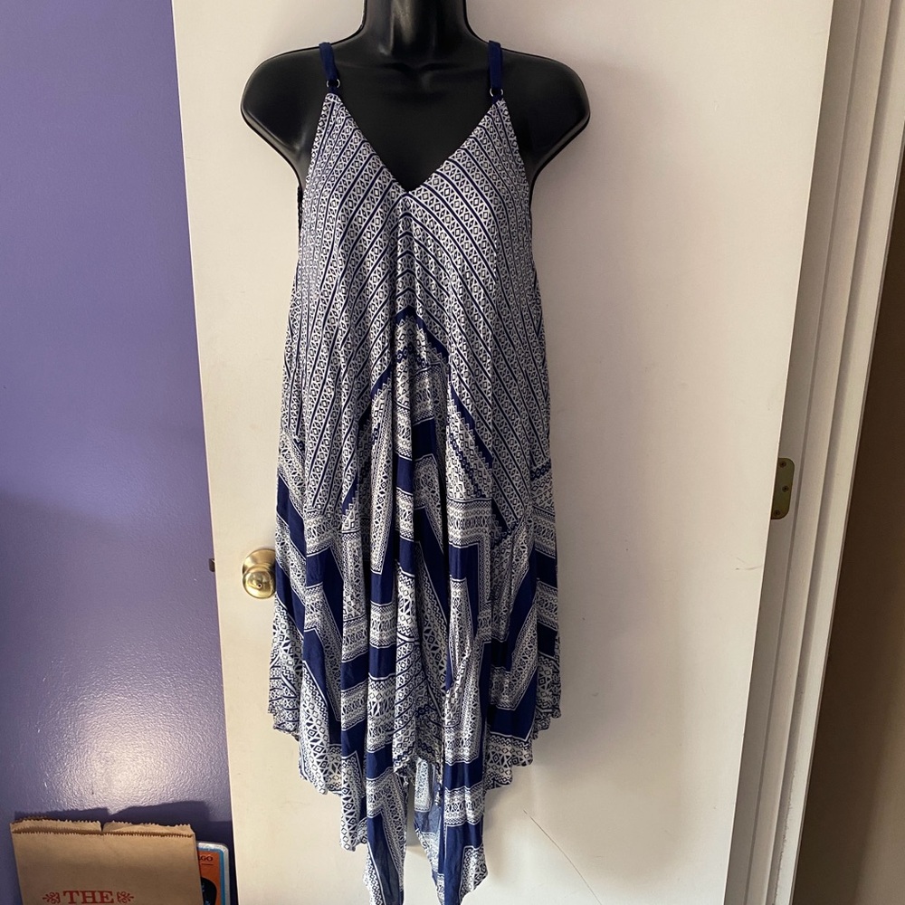 Blu Pepper Navy and White Geometric Tribal Dress With Handkerchief Hem.